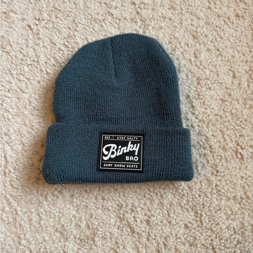 Blue Knit Beanie with Folded Cuff and Patch